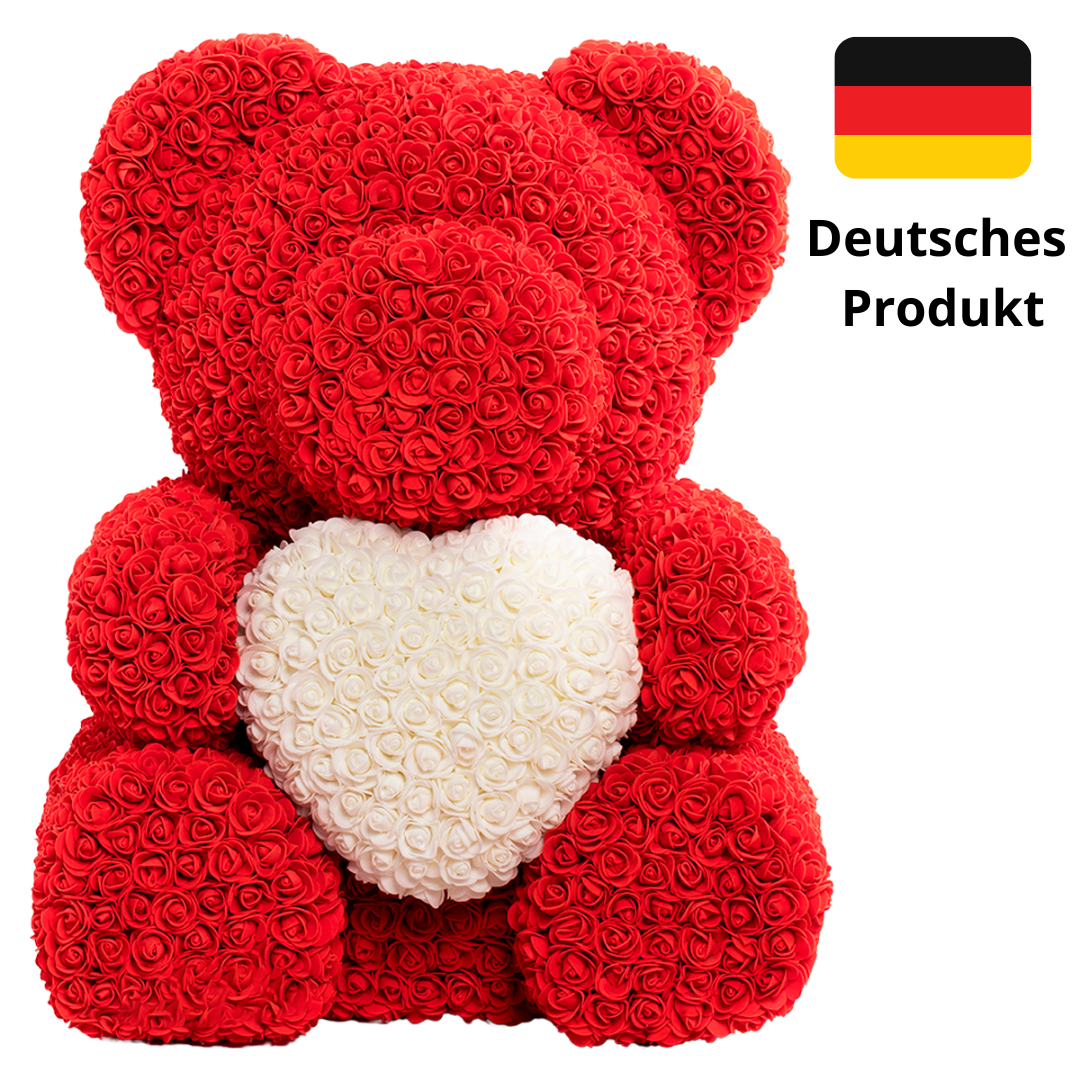 Roter Rosenbär (Teddybär aus Rosen) mit weißem Herz, 40 cm