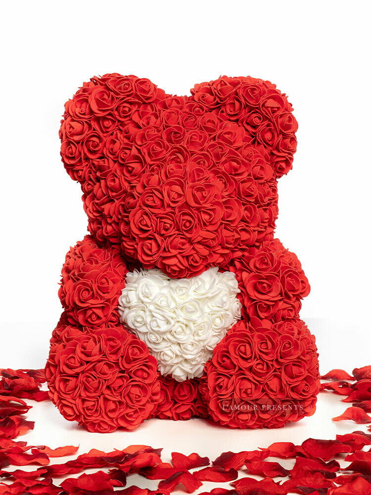 Roter Rosenbär (Teddybär aus Rosen) mit weißem Herz, 40 cm