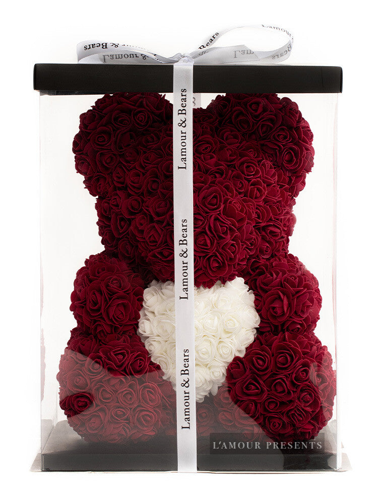 Weinroter Rosenbär (Teddybär aus Rosen) mit weißem Herz, 40 cm