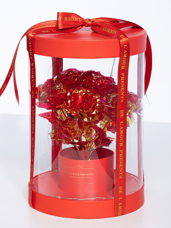 Roter Blumenkasten Lamour mit LED-Lichtern (11 Rosen)