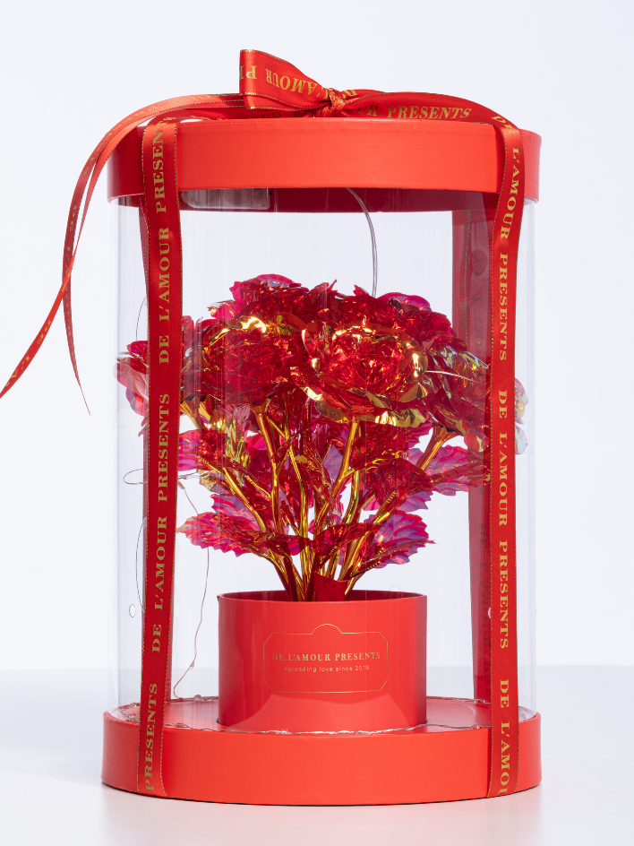 Roter Blumenkasten Lamour mit LED-Lichtern (11 Rosen)