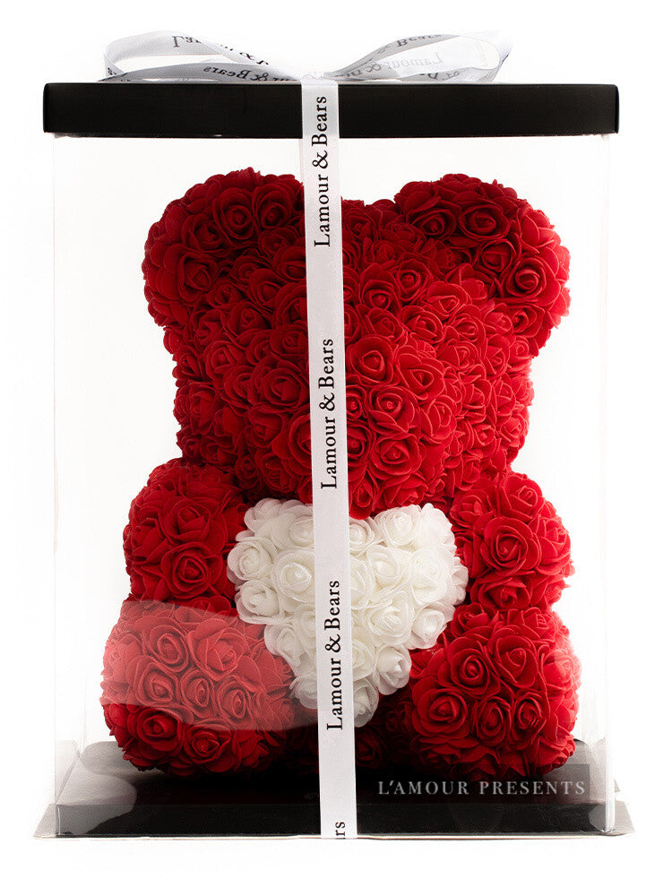 Roter Rosenbär (Teddybär aus Rosen) mit weißem Herz, 40 cm