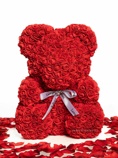Roter Rosenbär (Teddybär aus Rosen) mit Schleife, 40 cm