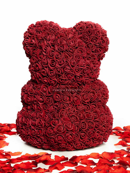 Weinroter Rosenbär (Teddybär aus Rosen) mit weißem Herz, 40 cm