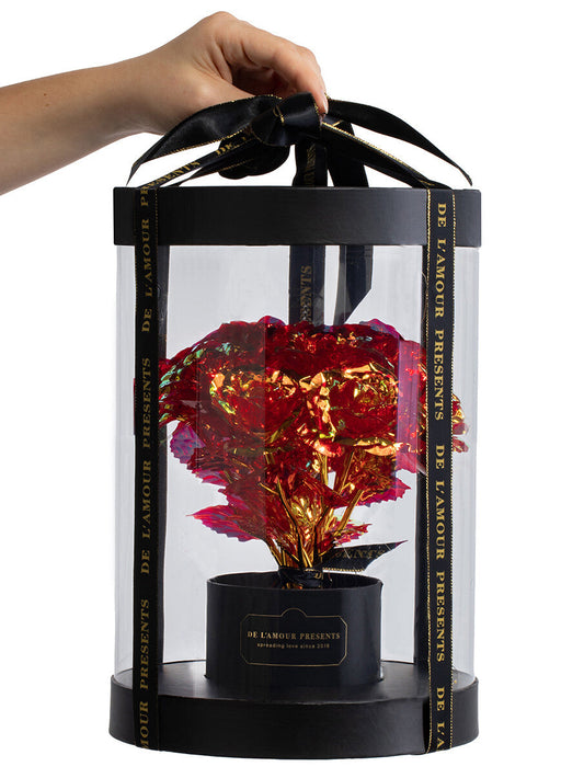 Lamour schwarzer-weinroter Blumenkasten mit LED-Lichtern (11 Rosen)