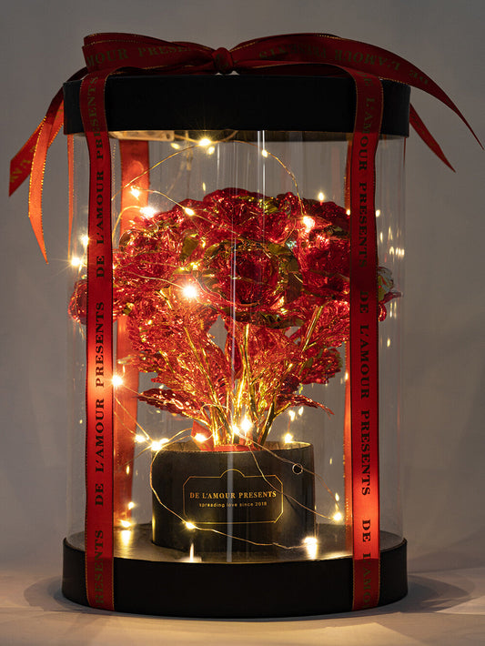 Lamour schwarzer-roter Blumenkasten mit LED-Lichtern (11 Rosen)